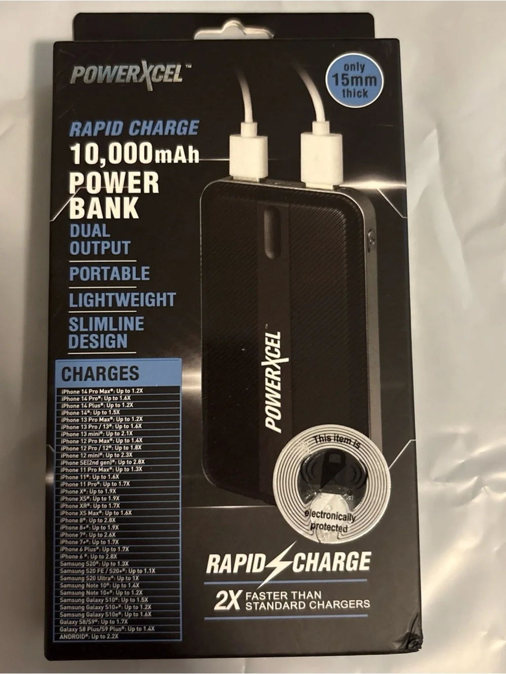 PowerXcel Power Bank Black, 10,000 mAh Rapid Charge Portable Charger - NEW